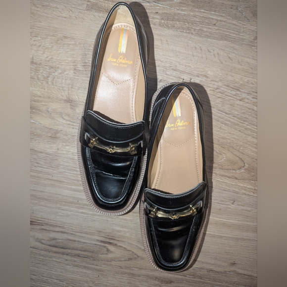 Sam Edelman Black Patent Leather Loafers with Gold Accents - Picture 2 of 4